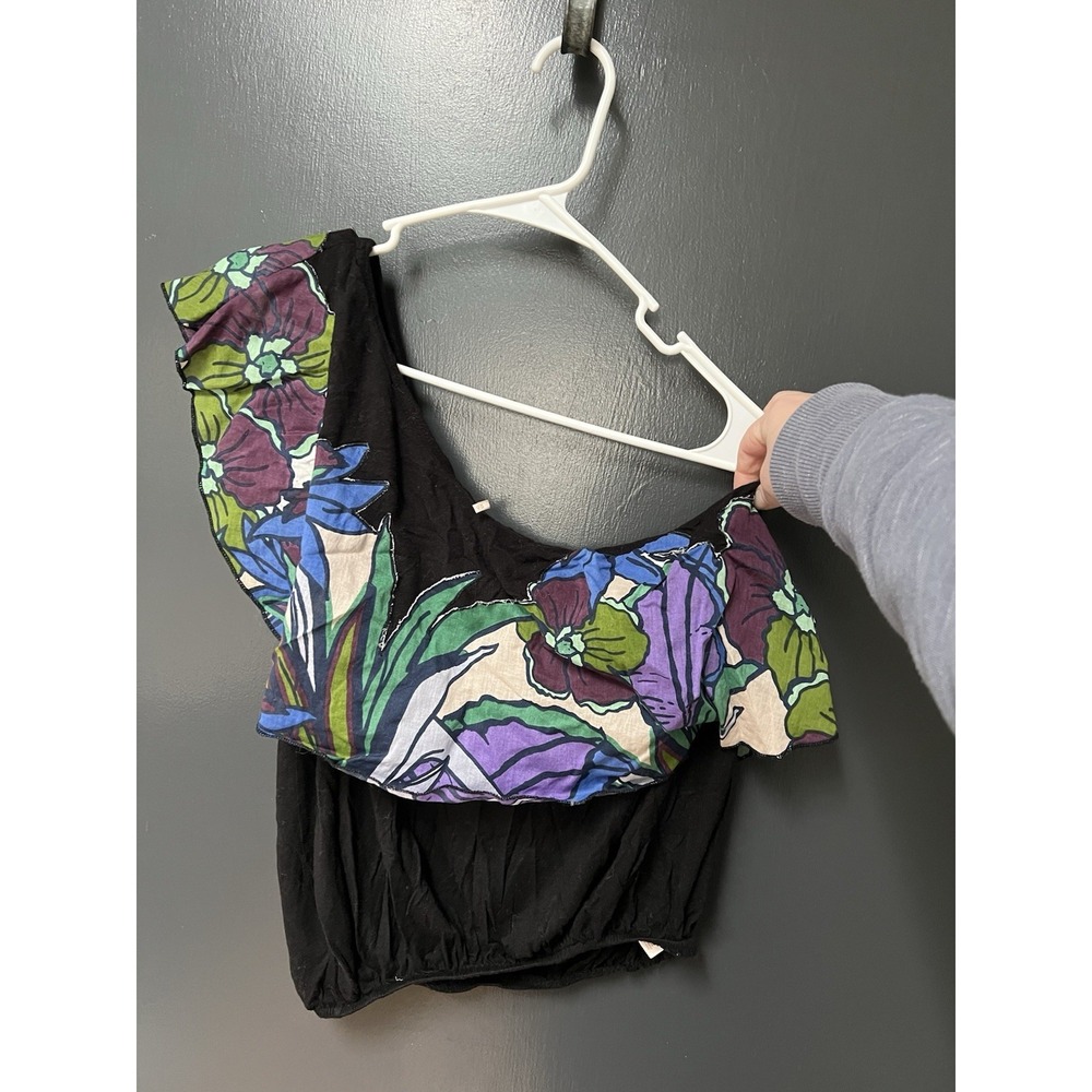 Free People Womens Black Annka Floral One Shoulder Top Sz XS